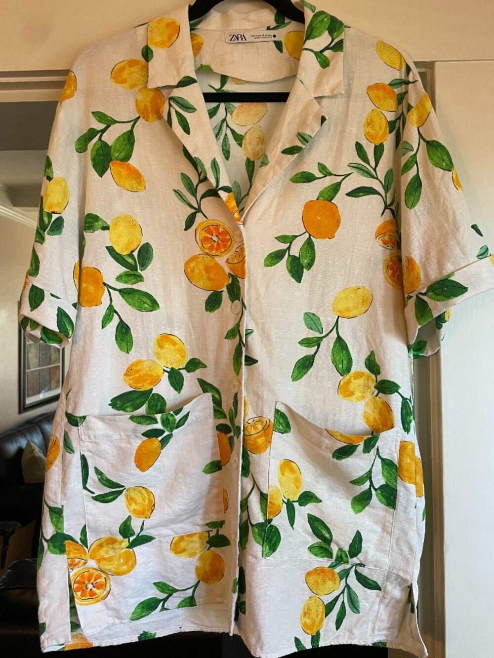 Zara Lemon Print Linen Blend Mini Shirt Dress - XS